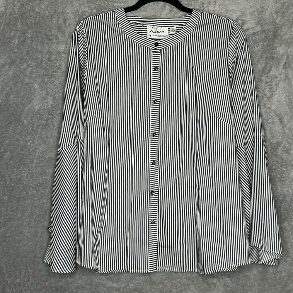 Linea 16 XL Top Shirt Black‎ Striped Button Up Bell Long Sleeve Scoop Neck Women